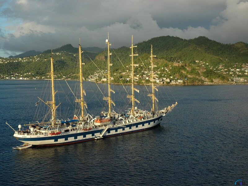 Sailing Ship in Harbor — Blue, Dramatic, Sunset, Photograph