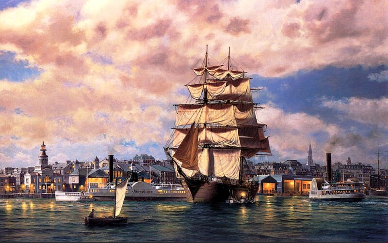 Sailing Ship in Harbor — Blue, Dramatic, Sunset