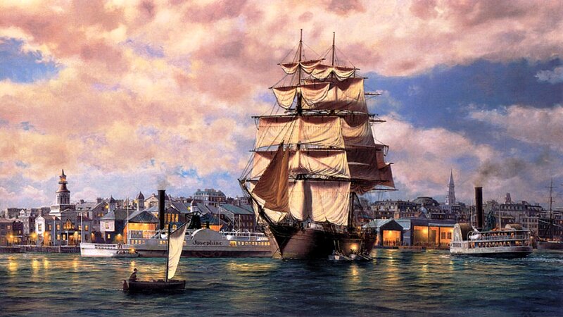 Sailing Ship in Harbor — Blue, Dramatic