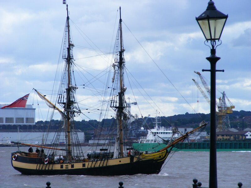 Sailing Ship in Harbor — Blue, Overcast