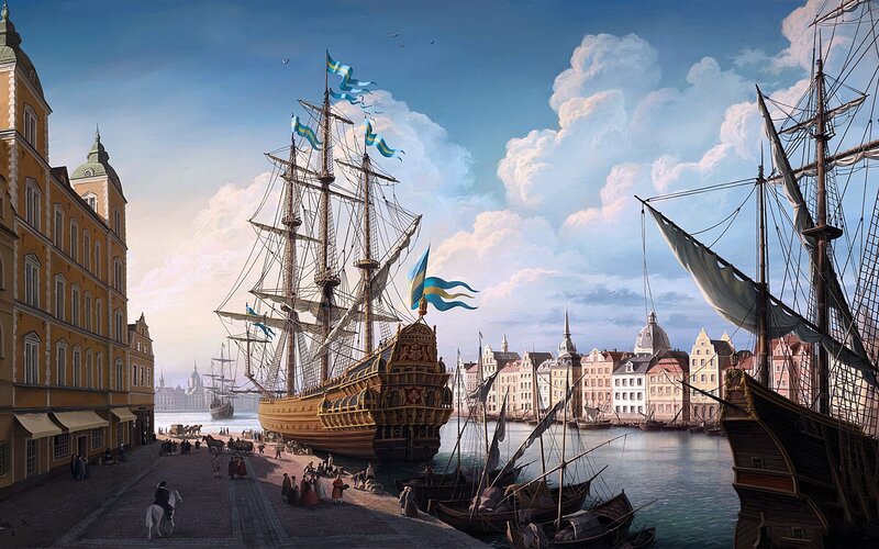 Sailing Ship in Harbor — Blue, Serene, Afternoon, Painting, Buildings, Ships