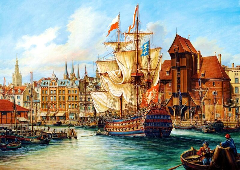 Sailing Ship in Harbor — Blue, Serene, Afternoon, Painting, Buildings