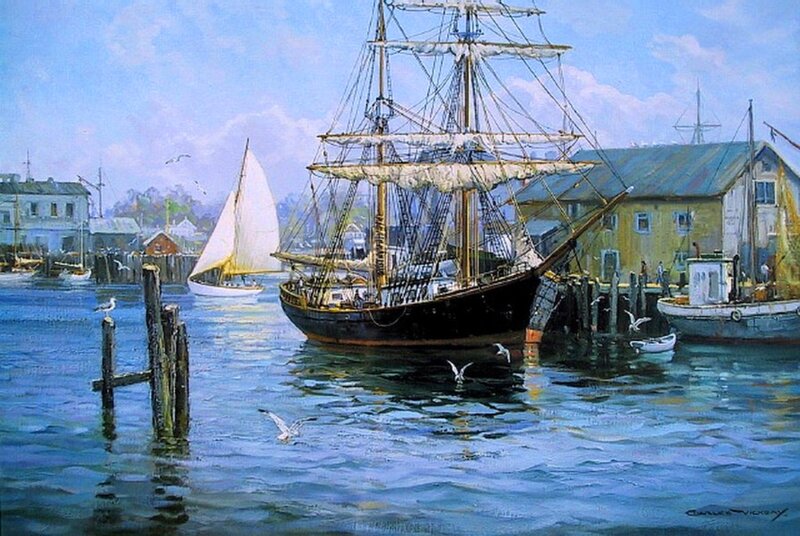 Sailing Ship in Harbor — Blue, Serene, Afternoon, Painting, Sailboat