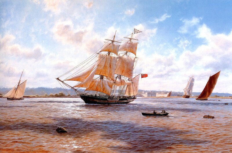 Sailing Ship in Harbor — Blue, Serene, Afternoon, Painting, Small Boat, Other Ships