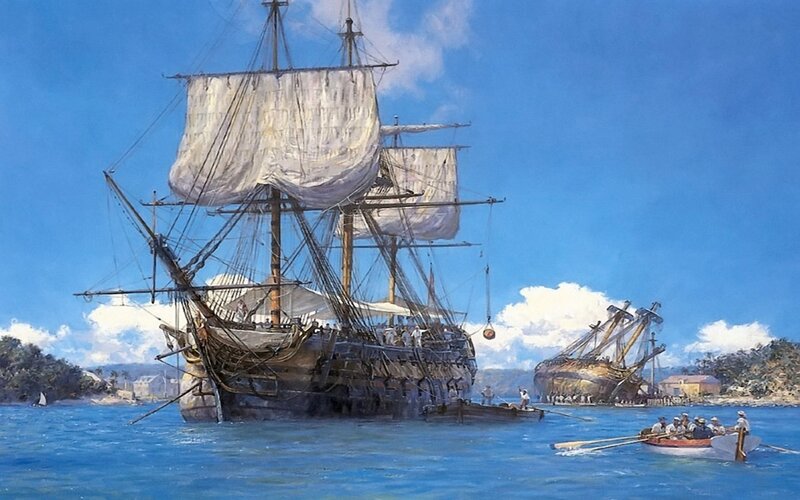 Sailing Ship in Harbor — Blue, Serene, Afternoon, Painting, Small Boat, Shoreline