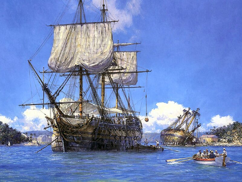Sailing Ship in Harbor — Blue, Serene, Afternoon, Painting, Small Boat