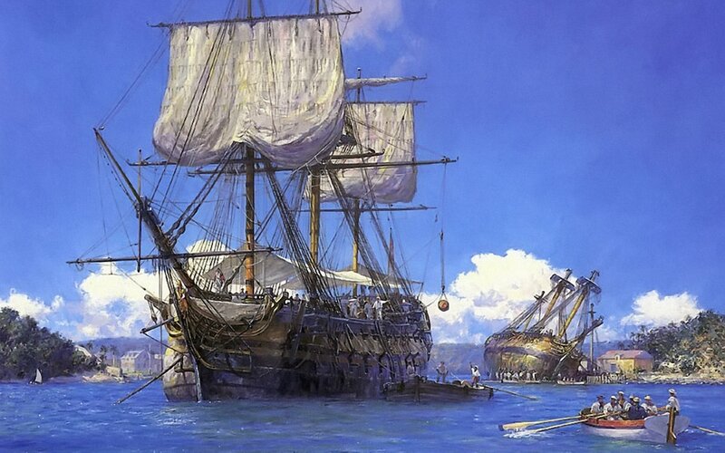 Sailing Ship in Harbor — Blue, Serene, Afternoon, Painting, Small Boats