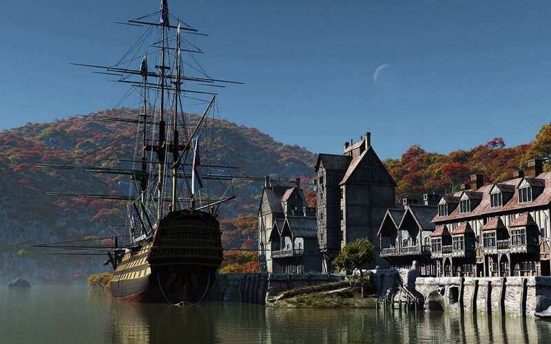 Sailing Ship in Harbor — Blue, Serene, Autumn, 3d Render