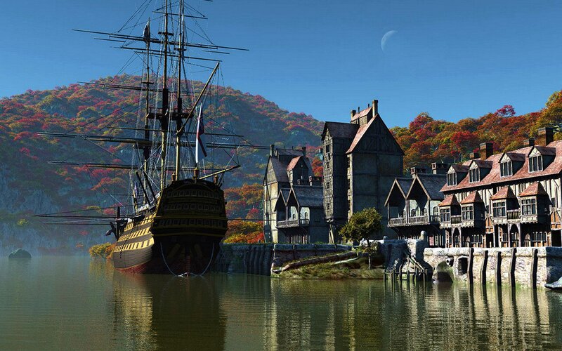 Sailing Ship in Harbor — Blue, Serene, Autumn