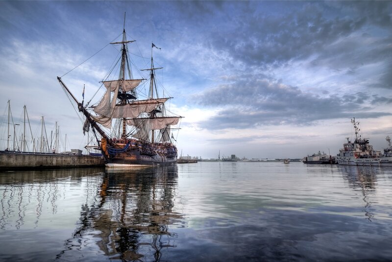 Sailing Ship in Harbor — Blue, Serene, Morning