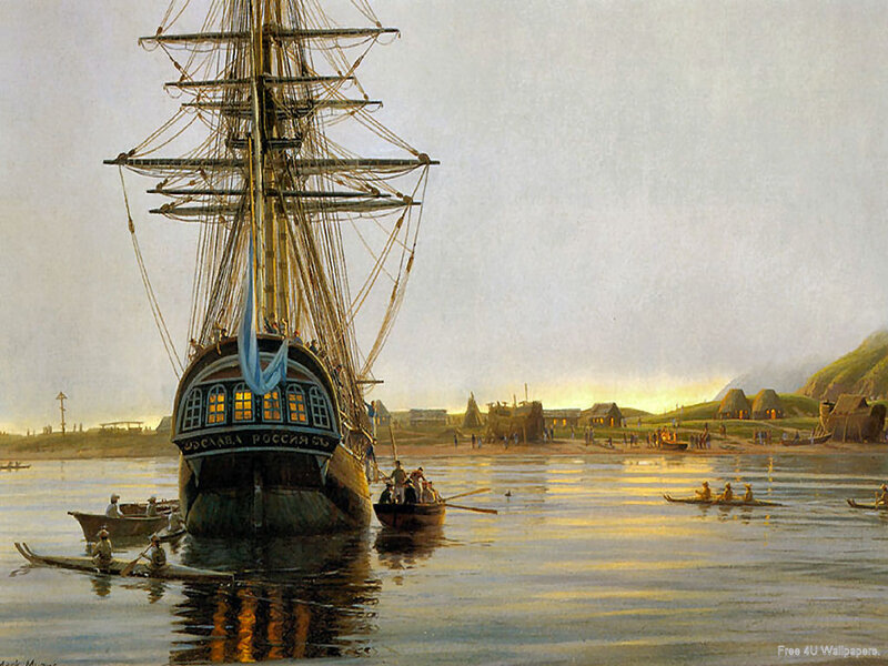 Sailing Ship in Harbor — Blue, Serene, Sunset, Painting