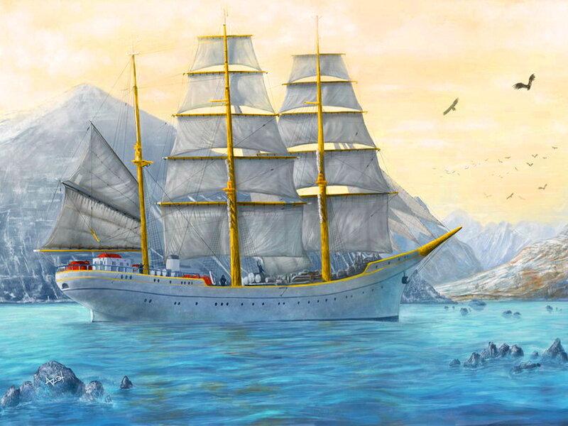 Sailing Ship in Harbor — Blue, Serene, Sunset