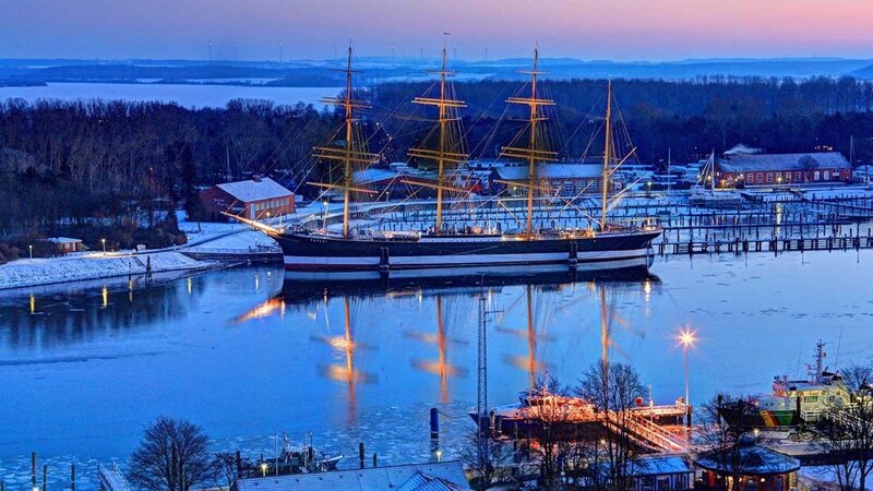 Sailing Ship in Harbor — Blue, Serene, Winter