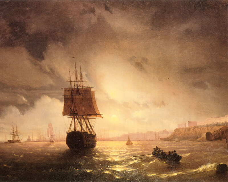 Sailing Ship in Harbor — Brown, Dramatic