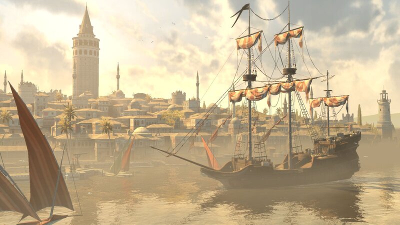 Sailing Ship in Harbor — Brown