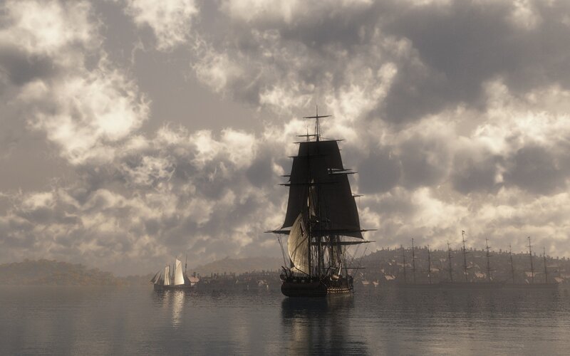 Sailing Ship in Harbor — Gray, Dramatic, Sunset, 3d Render