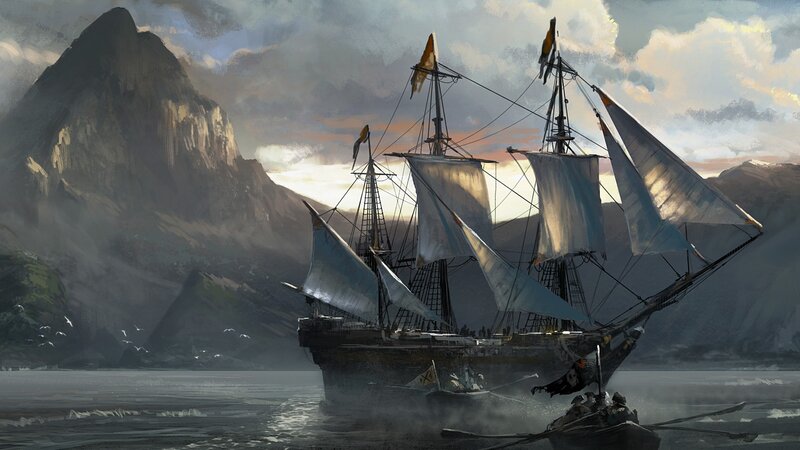 Sailing Ship in Harbor — Gray, Dramatic, Sunset, Digital Art