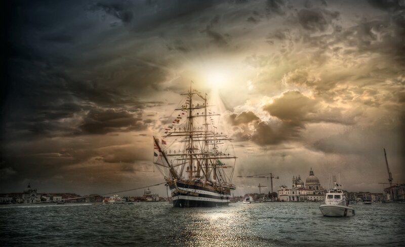 Sailing Ship in Harbor — Gray, Dramatic, Sunset