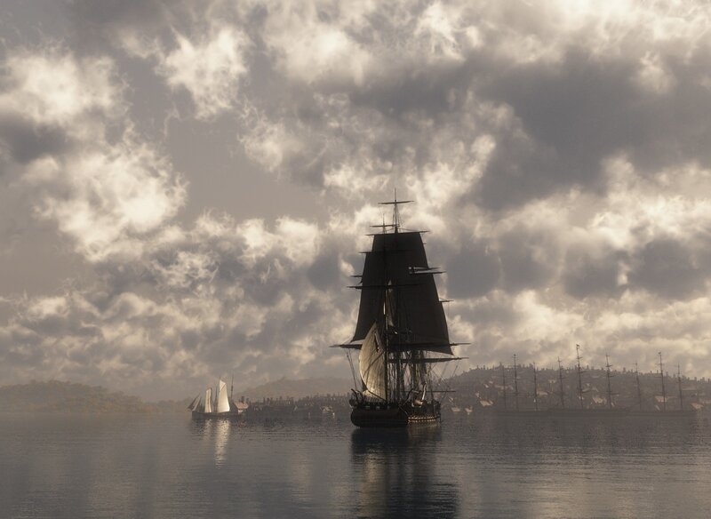 Sailing Ship in Harbor — Gray