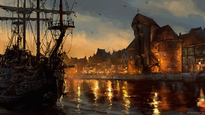Sailing Ship in Harbor — Orange, Dramatic, Sunset