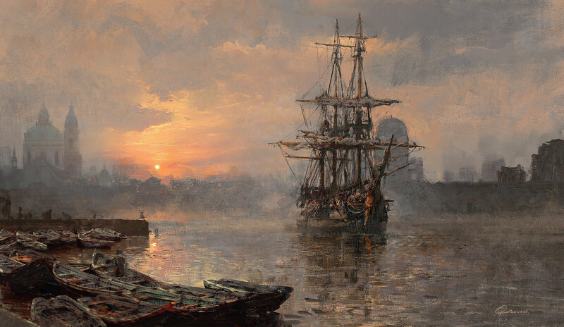 Sailing Ship in Harbor — Orange, Dramatic