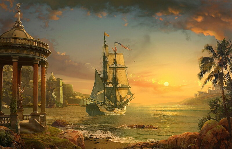 Sailing Ship in Harbor — Orange