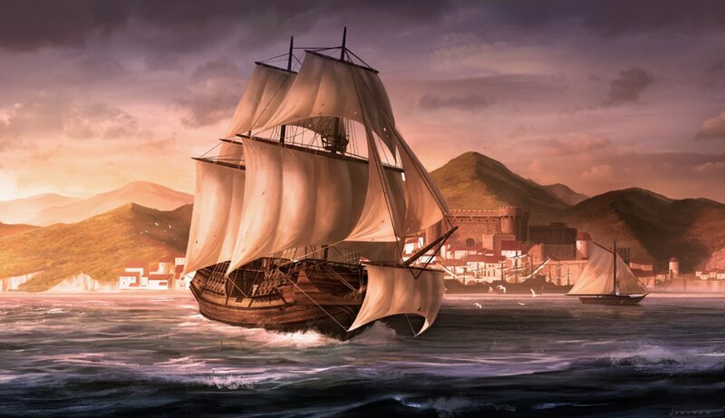 Sailing Ship in Harbor — Purple