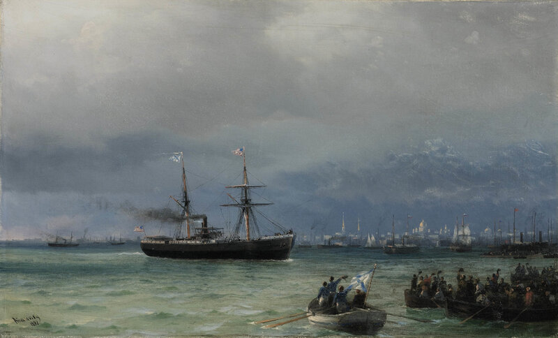 Sailing ship in harbor scene