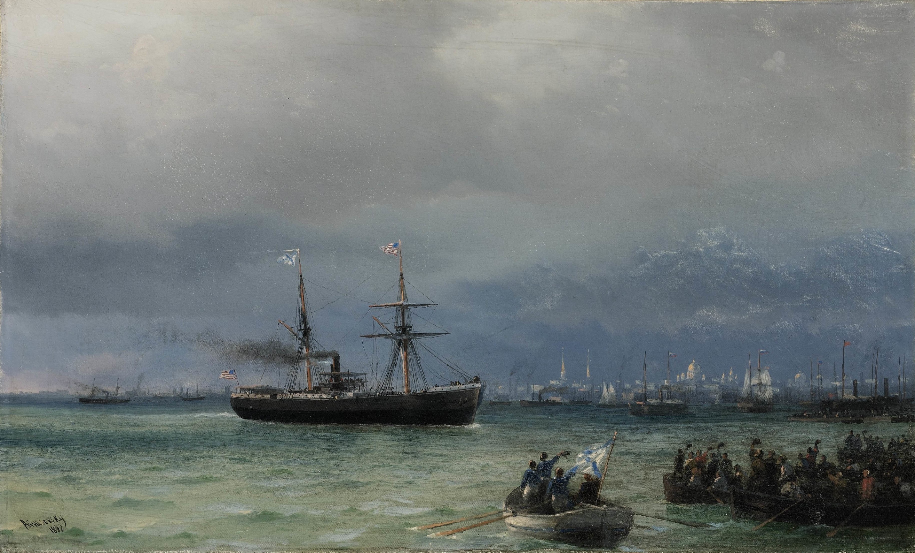 Sailing ship in harbor scene