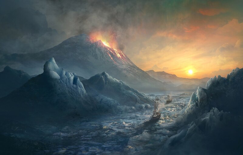 Sailing Ship in Ice — Blue, Dramatic, Sunset