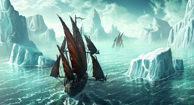 Sailing Ship in Ice Field — Blue, Dramatic, Digital Art