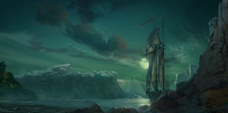 Sailing Ship in Ice Field — Green, Dramatic