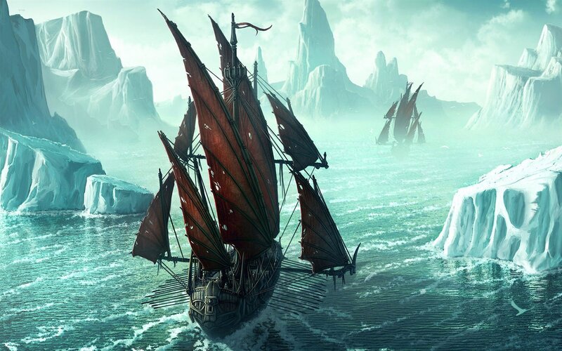 Sailing Ship in Icy Waters — Blue, Dramatic
