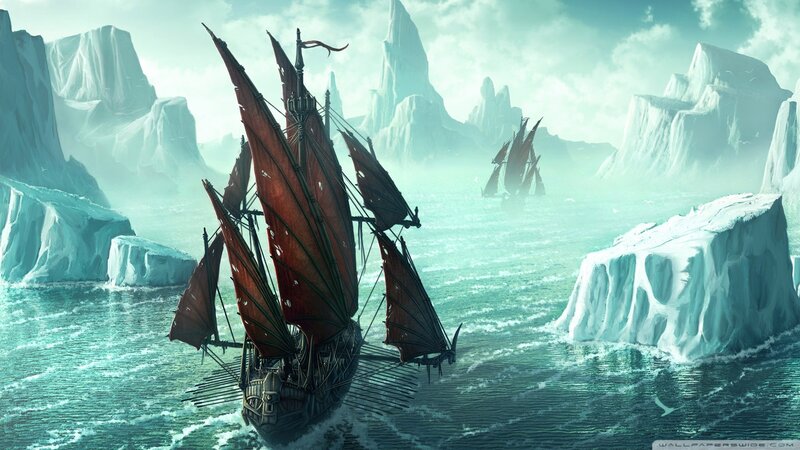 Sailing Ship in Icy Waters — Blue