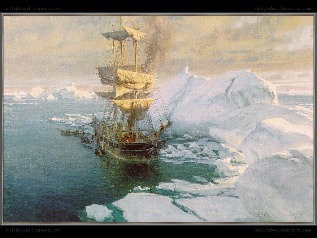 Sailing ship in icy waters