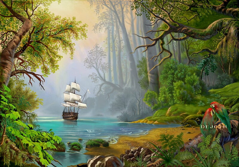 Sailing Ship in Jungle River — Green