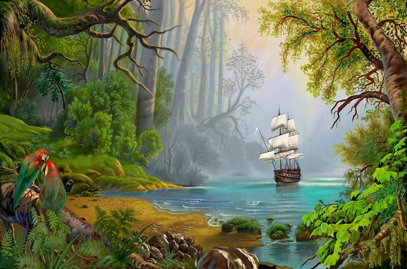 Sailing Ship in Jungle River