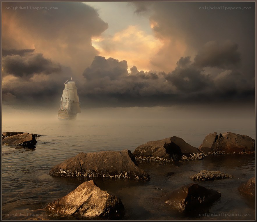 Sailing ship in misty sea