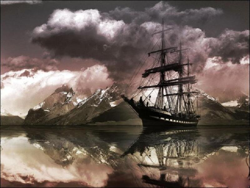 Sailing Ship in Mountains