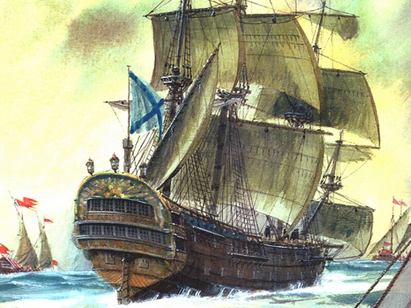 Sailing Ship in Ocean — Blue, Dramatic, Afternoon, Illustration