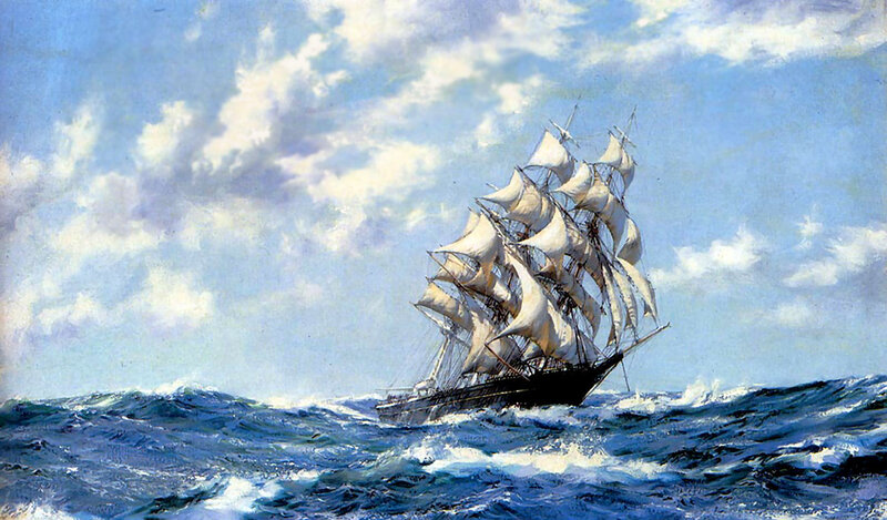 Sailing Ship in Ocean — Blue, Dramatic, Afternoon