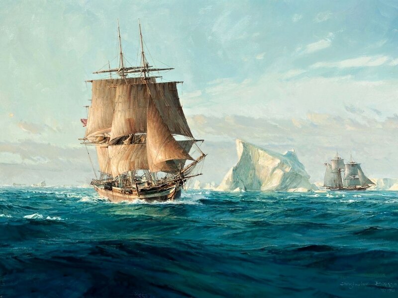 Sailing Ship in Ocean — Blue, Dramatic, Painting