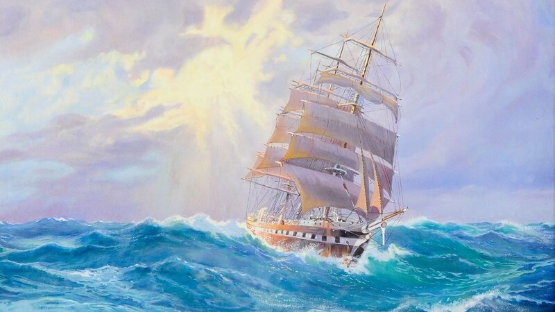 Sailing Ship in Ocean — Blue, Dramatic, Sunrise