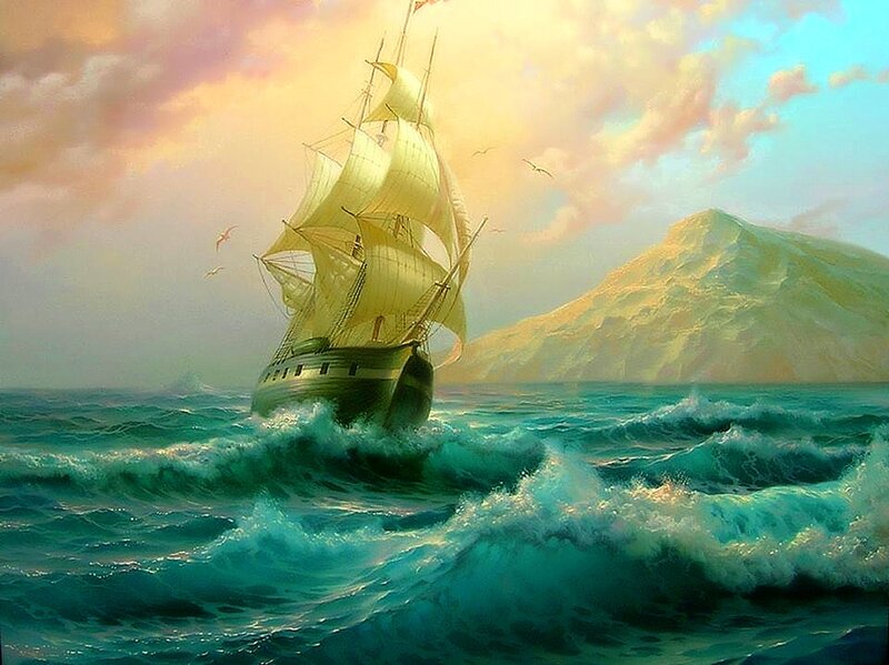 Sailing Ship in Ocean — Blue, Dramatic, Sunset, Painting, Mountain