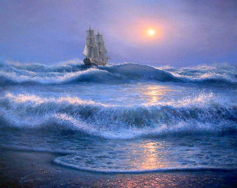 Sailing Ship in Ocean — Blue, Dramatic, Sunset, Painting