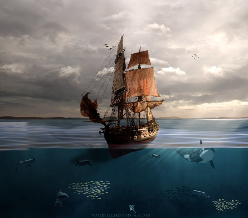 Sailing Ship in Ocean — Blue, Dramatic, Sunset