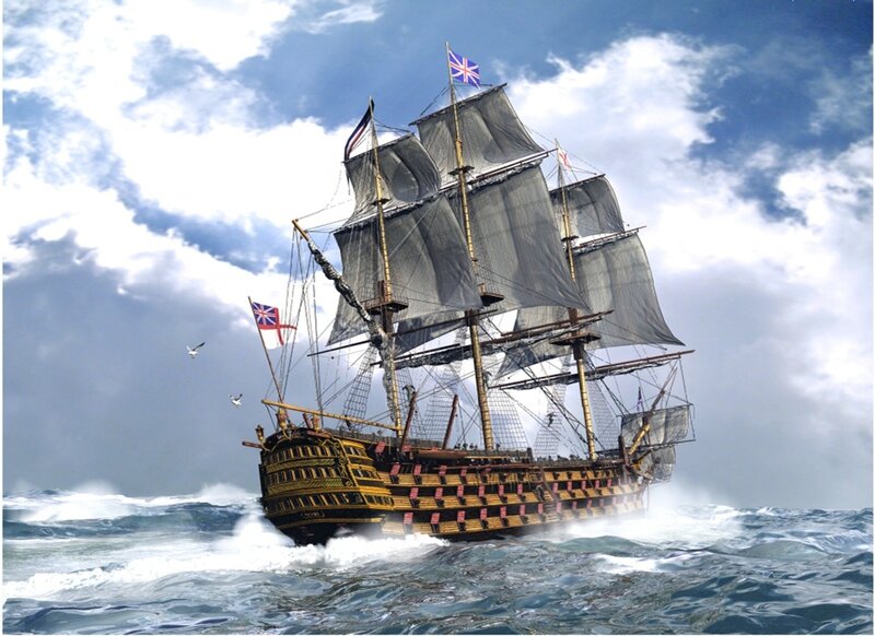 Sailing Ship in Ocean — Blue, Dramatic