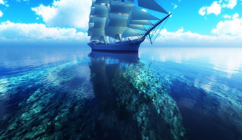 Sailing Ship in Ocean — Blue, Serene, Afternoon
