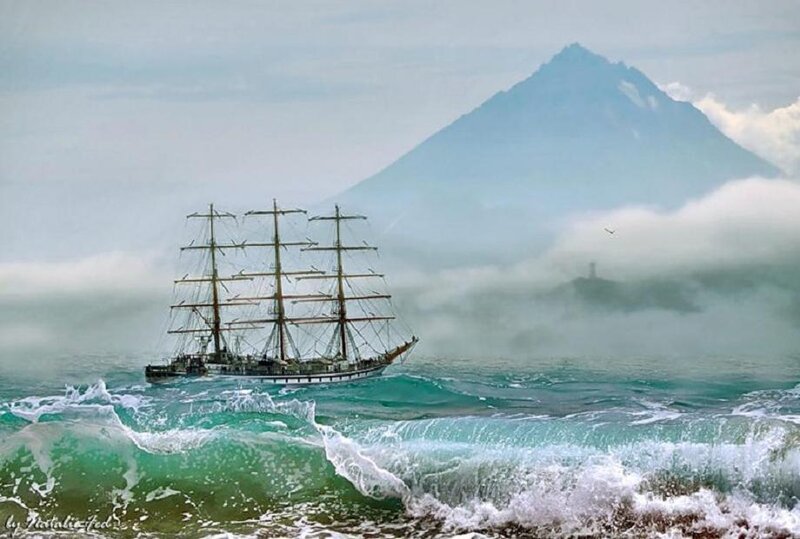 Sailing Ship in Ocean — Blue