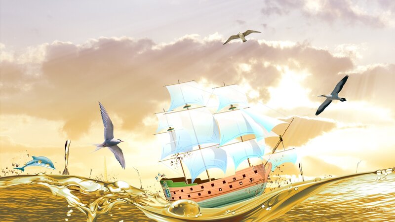 Sailing Ship in Ocean — Gold